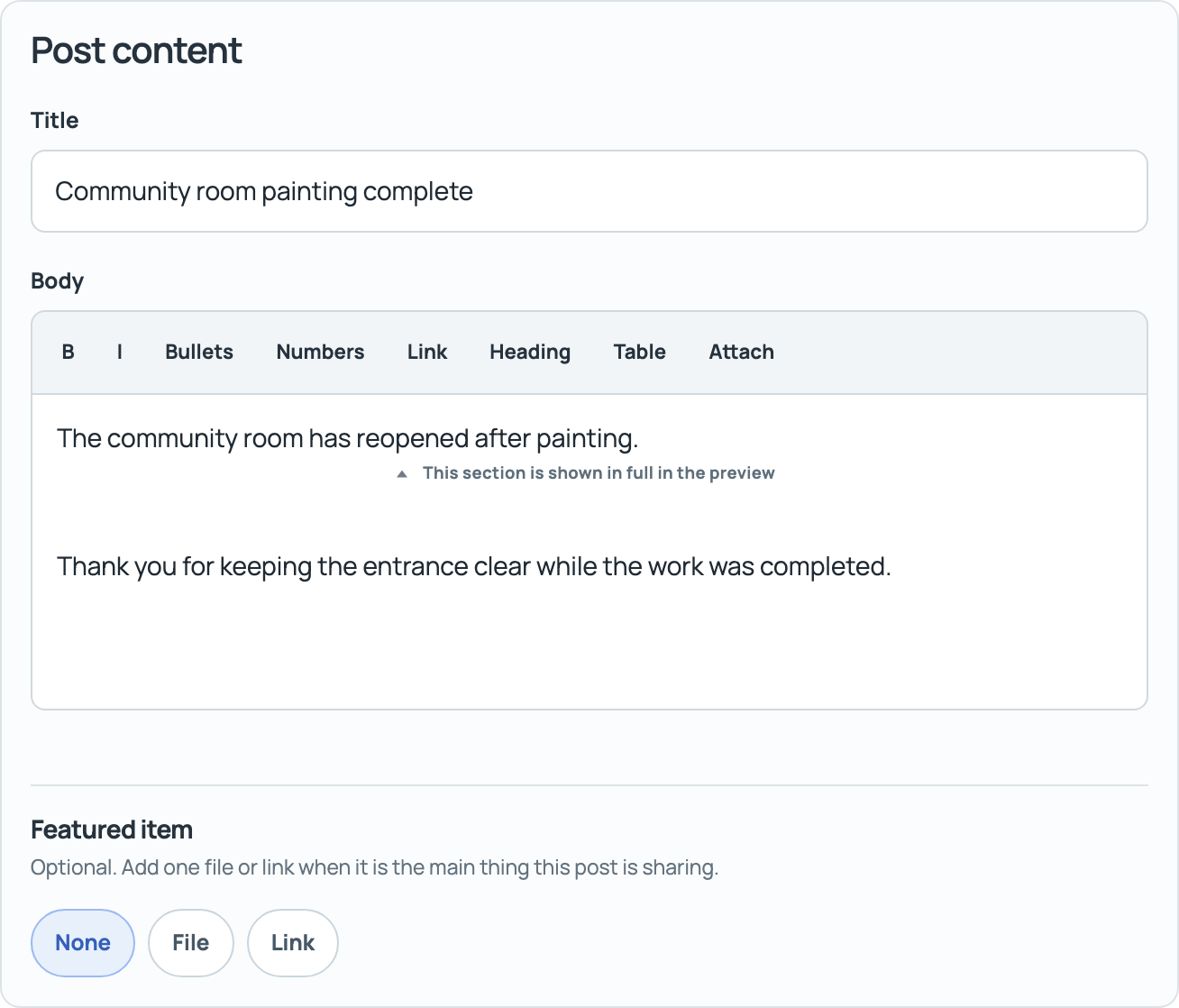 PutBoard’s Post editor with a notice title, formatting toolbar and the details of a community room reopening.